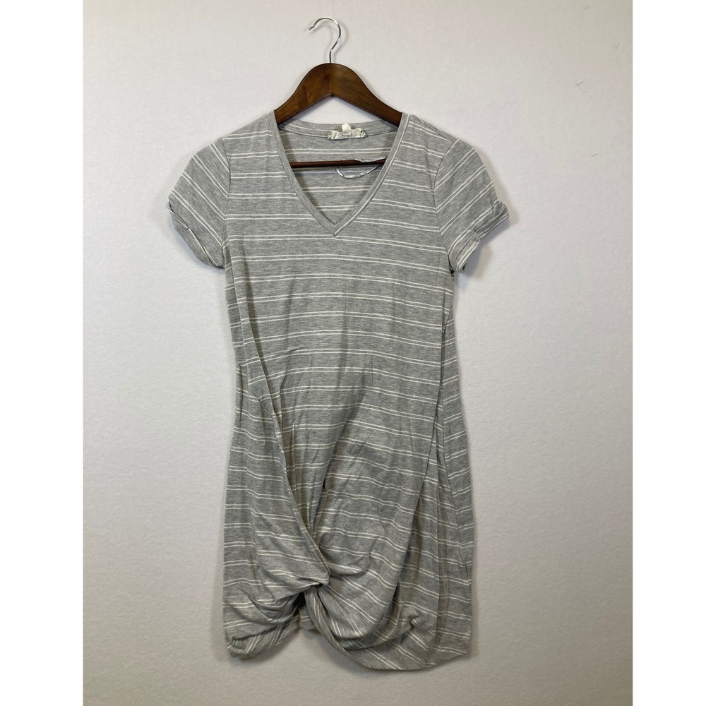 Pink Rose Gray White Striped V Neck Twisted Hem Casual T Shirt Dress Size S